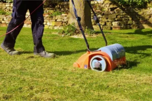 A man Areation over a lawn with help of a scarifier