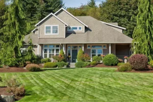 A beautiful house with big trees, and a small lawn