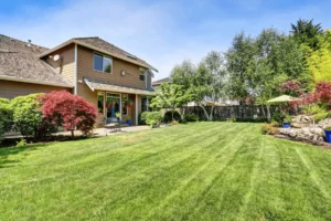 In front of a beautiful house, a lush and green lawn
