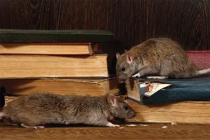 Two rats chewing on old, worn-out books placed against a wooden background, highlighting a common pest problem in homes and the potential for property damage caused by rodents