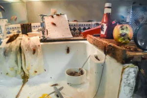 A sink and countertop infested with cockroaches, illustrating common pests found in Cumming, GA and the importance of pest control.