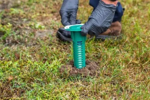 This image showcases the installation of a Sentricon termite bait station, an effective system for protecting Cumming homes from termite infestations.