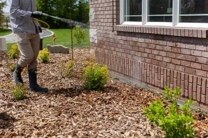 Professional landscaper applying perimeter pest control treatment around the foundation of a home in Alpharetta, GA, highlighting the effectiveness of perimeter pest barriers.