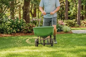 A homeowner is spreading lawn fertilizer across a green yard using a push spreader, helping improve grass thickness, color, and overall lawn health in a landscaped residential area.