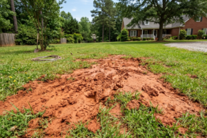 Residential lawn in Gainesville, GA with exposed red clay soil and patchy grass, showing how compacted clay ground can affect spring lawn fertilization, drainage, and healthy turf growth