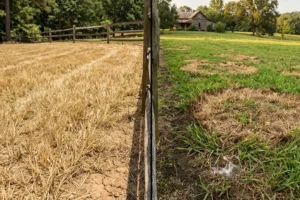 Side-by-side comparison of heat dormant grass and fungal lawn disease damage in a North Georgia residential lawn