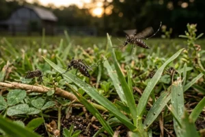 Mosquitoes resting in grass near a North Georgia backyard, highlighting common mosquito breeding and nesting areas around residential properties