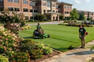 Commercial lawn maintenance services at an office property in Cumming, GA, featuring professional mowing, edging, and landscape care for a healthy, well-maintained lawn.
