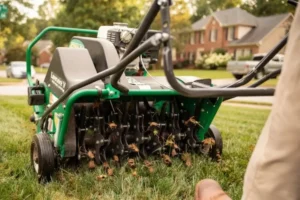 A core aerator machine removing soil plugs from a residential lawn in Alpharetta, GA, demonstrating lawn aeration to relieve soil compaction, improve root growth, and promote healthier grass.