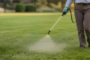 Professional lawn pest treatment being sprayed on grass to control armyworms and protect a healthy lawn in Cumming, GA.