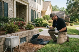 A technician kneels by a house, inspecting an open black bait station with a flashlight and tablet.